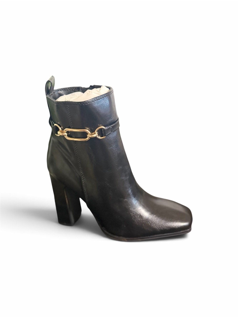 Shoe Dazzle Black Leather Ankle Boot with Gold Chain Detail